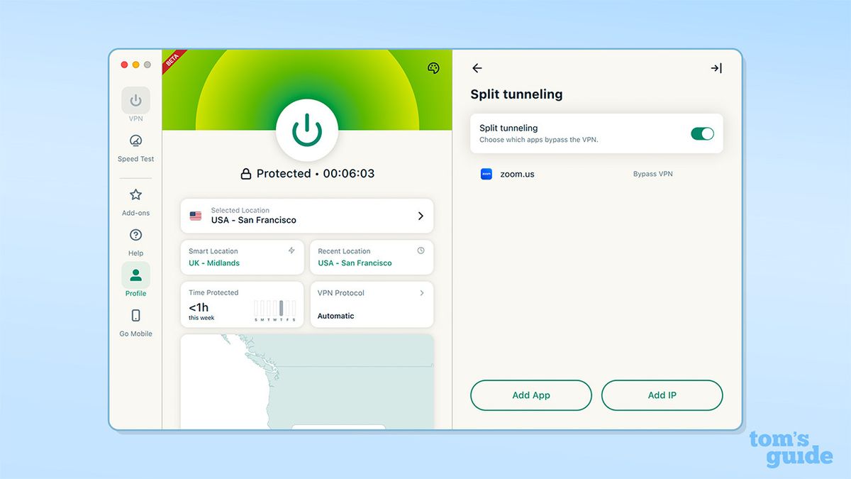 Screenshot of ExpressVPN's beta Mac Qt app split tunneling settings