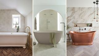 Complilation of three bathrooms with freestanding baths to illustrate the quiet luxury bathroom trend 2024