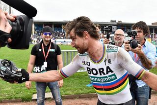 Peter Sagan celebrates his victory in the Roubaix Velodrome