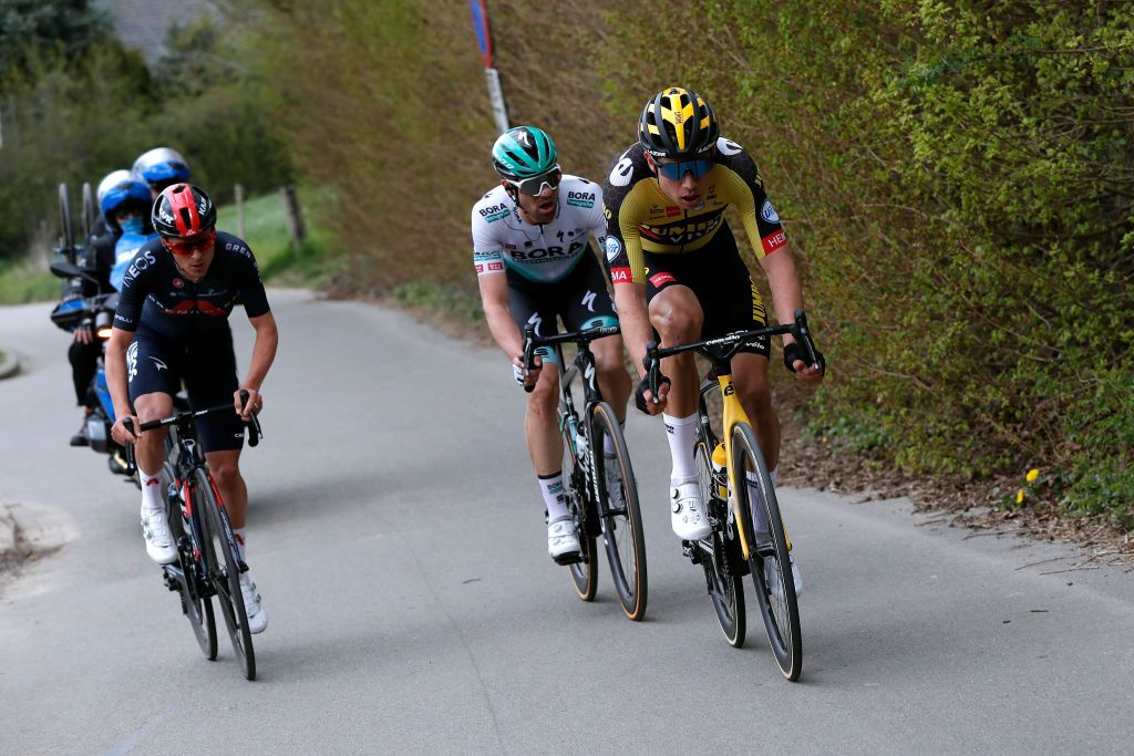 BERG NETHERLANDS APRIL 18 Thomas Pidcock of United Kingdom and Team INEOS Grenadiers Maximilian Schachmann of Germany and Team Bora Hansgrohe Wout Van Aert of Belgium and Team Jumbo Visma during the 55th Amstel Gold Race 2021 Mens Elite a 2167km race from Valkenburg to Berg en Terblijt Amstelgoldrace amstelgoldrace on April 18 2021 in Berg Netherlands Photo by Bas CzerwinskiGetty Images