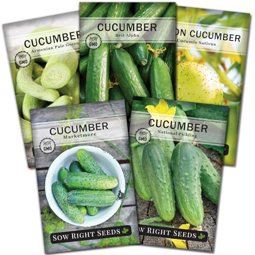 Sow Right Seeds - Cucumber Seed Collection for Planting - Pale Armenian, Pickling, Lemon, Beit Alpha, Marketmore Variety Pack - Non-Gmo Heirloom Packets - Plant and Grow a Home Vegetable Garden