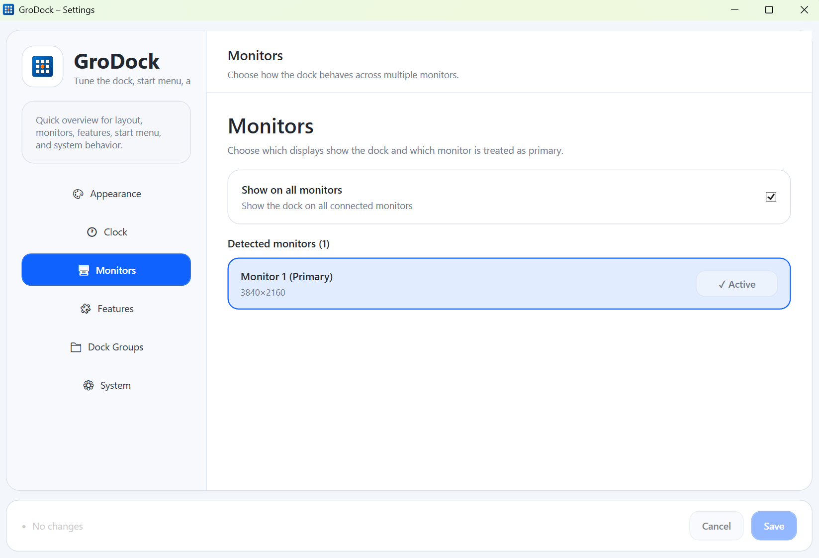 Screenshot of the GroDock settings showing monitor options with "Monitor 1 (Primary)" active.
