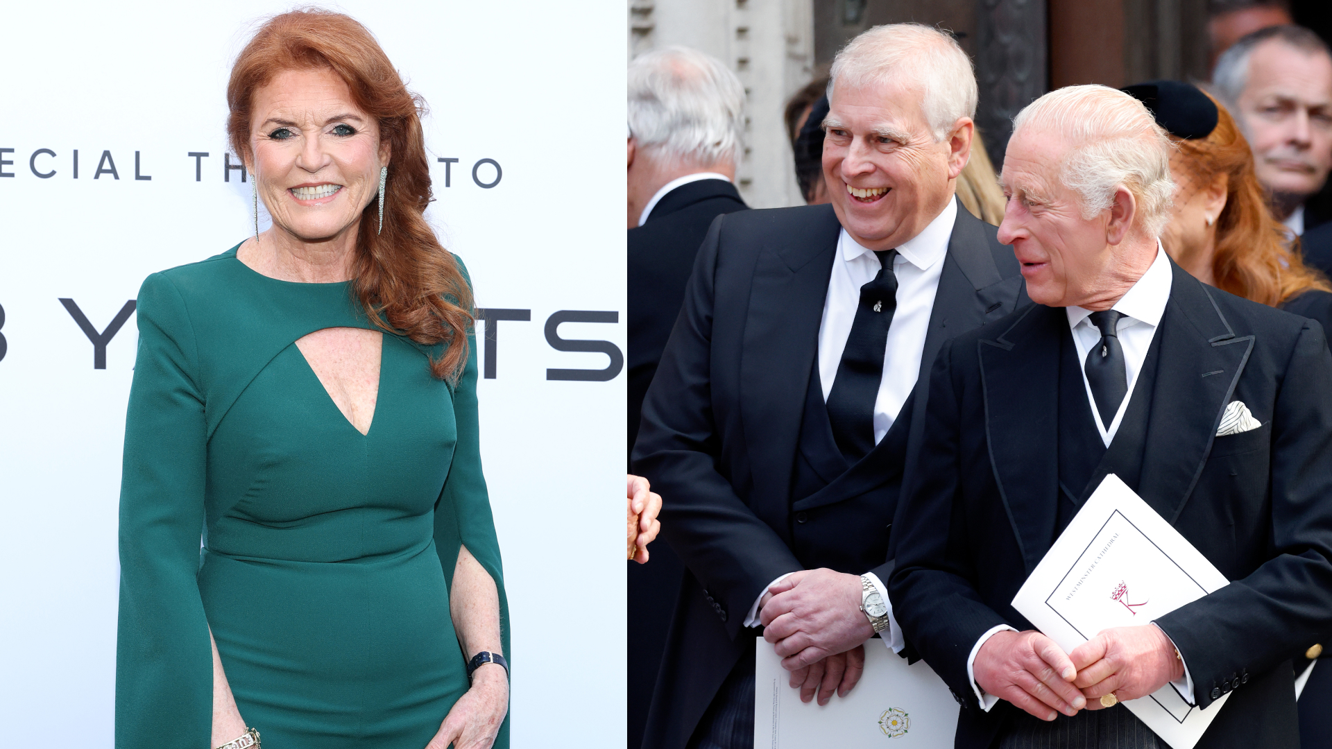 Sarah Ferguson wearing a green gown; Prince Andrew and King Charles wearing black suits