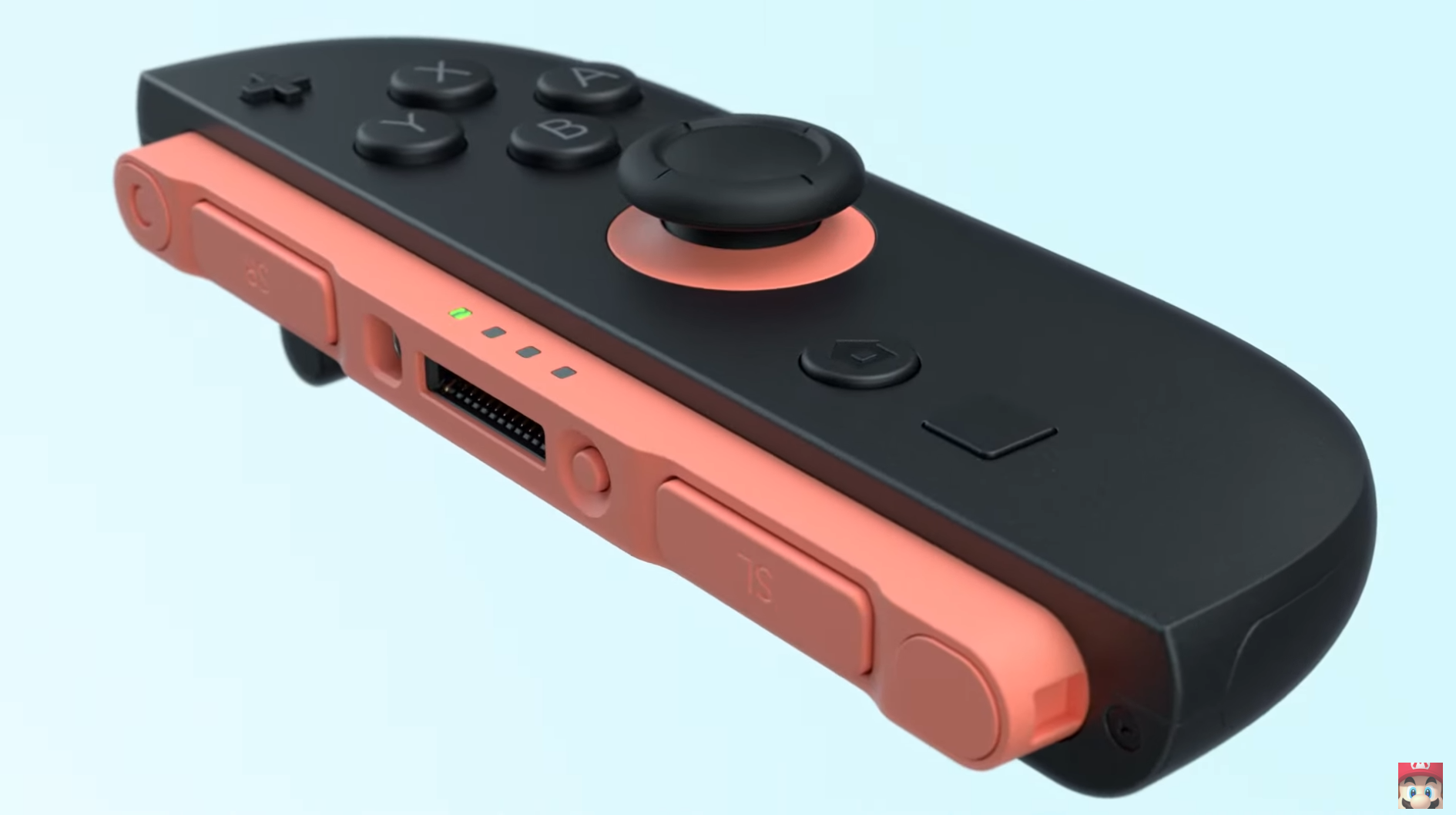 The Nintendo Switch 2 as shown in its announcement trailer with orange and blue accents and removeable controllers.