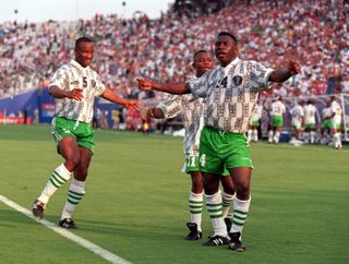 Daniel Amokachi celebrates after scoring for Nigeria against Bulgaria at the 1994 World Cup.