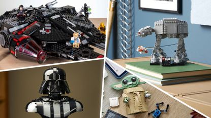 Lego Dark Falcon, Darth Vader Bust, AT AT, and Grogu divided by white lines