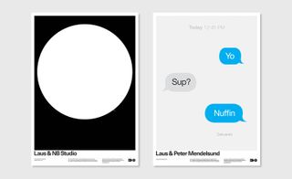 Left: black-and-white, graphic representation of a sperm fusing with an egg Right: chat conversation