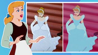 An image of the animated Cinderella looking surprised in front of a screenshot of the original Cinderella film vs a late rerelease
