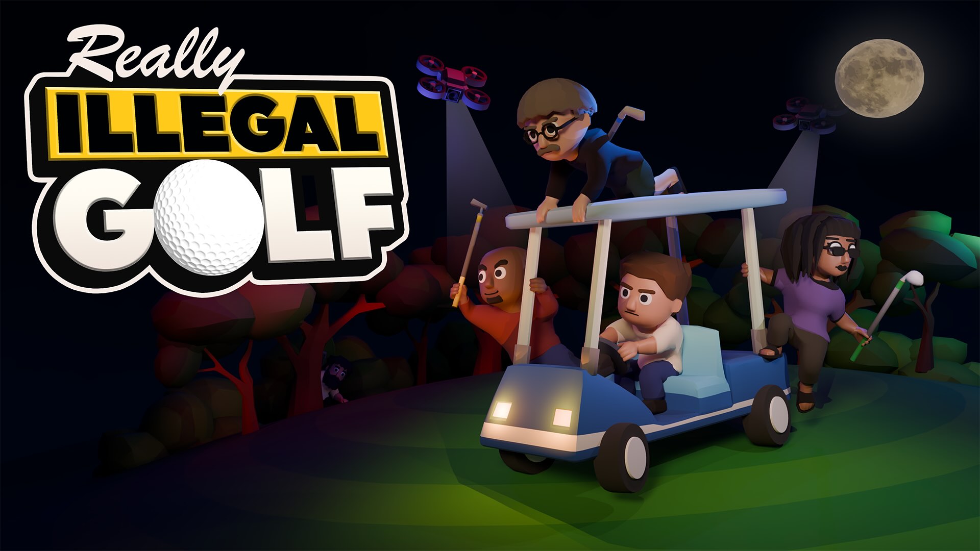 Miscreants mishandle a golf cart. The Really Illegal Golf logo is shown.