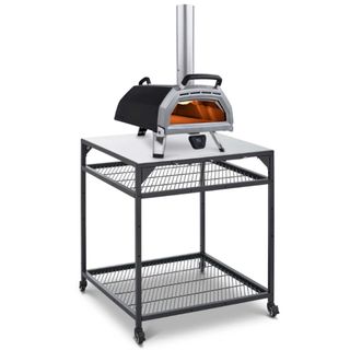 Ooni pizza oven on a wheelable stand with two shelves beneath