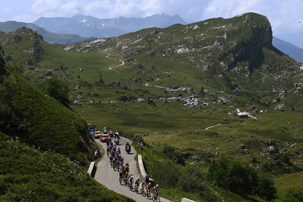 COURCHEVEL FRANCE JULY 19 LR Gregor Mhlberger of Austria and Movistar Team Ben Oconnor of Australia Felix Gall of Austria and Ag2R Citron Team Giulio Ciccone of Italy and Team LidlTrek Polka Dot Mountain Jersey and a general view of the breakaway climbing to the Cormet de Roselend 1971m during the stage seventeen of the 110th Tour de France 2023 a 1657km at stage from SaintGervais MontBlanc to Courchevel UCIWT on July 19 2023 in Courchevel France Photo by Tim de WaeleGetty Images