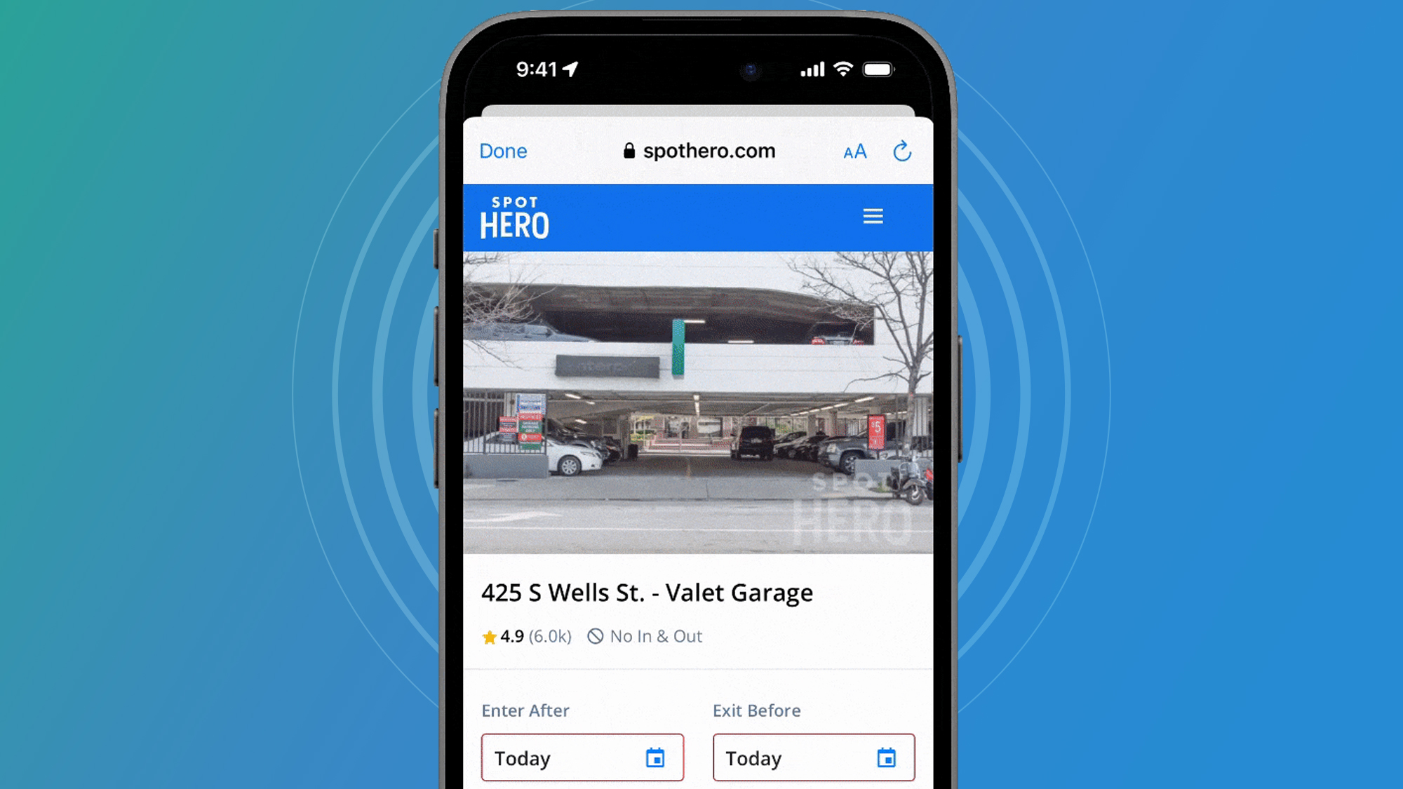 A phone on a blue background showing valet parking options in Google Maps using SpotHero