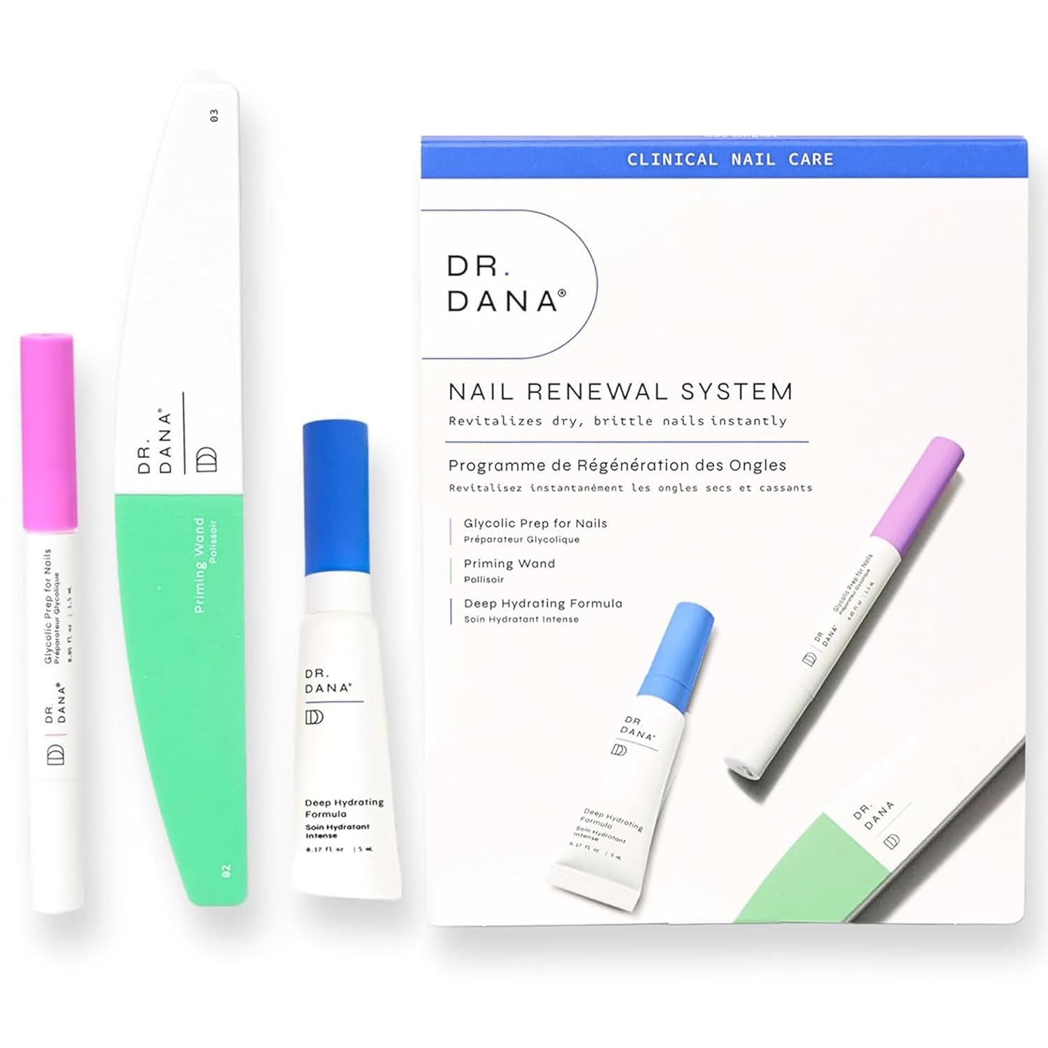 Dr. Dana Nail Repair Kit for Damaged Nails – Strengthening & Exfoliating Treatment With Glycolic Acid, Nail Primer, Hydrator & Priming Wand for Shiny, Healthy Nails, Halal Certified Nail Care Kit