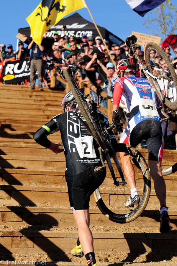 Todd Wells (Specialized) leads Johnson up the wooden streps