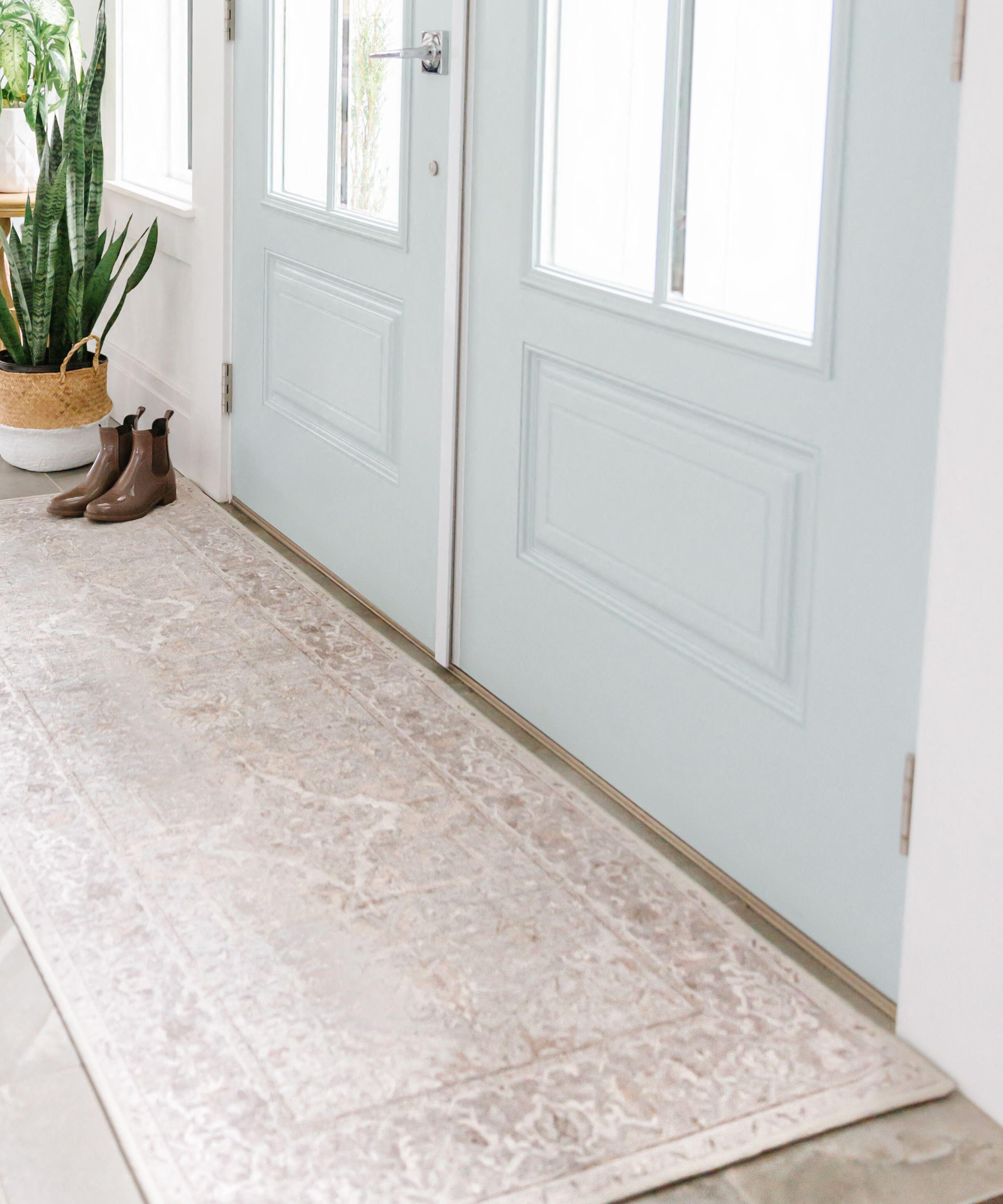 Blue front door with runner underneath and plant and riding shoes in background