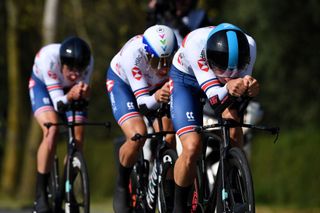 BRUGES BELGIUM SEPTEMBER 22 Daniel Bigham of Great Britain sprints during the 94th UCI Road World Championships 2021 Team Time Trial Mixed Relay a 445km race from KnokkeHeist to Bruges flanders2021 TT on September 22 2021 in Bruges Belgium Photo by Tim de WaeleGetty Images