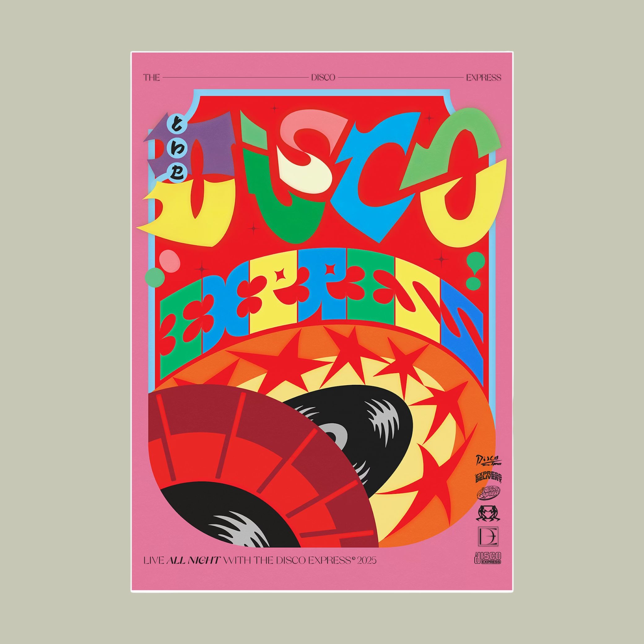 Everpress TDE Superdisco Art Print with colorful, music-inspired motifs and logo against pale green background.