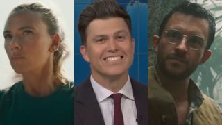 From left to right: a screenshot of Scarlett Johansson in Jurassic World Rebirth, Colin Jost on Weekend Update and Jonathan Bailey in Jurassic World Rebirth.