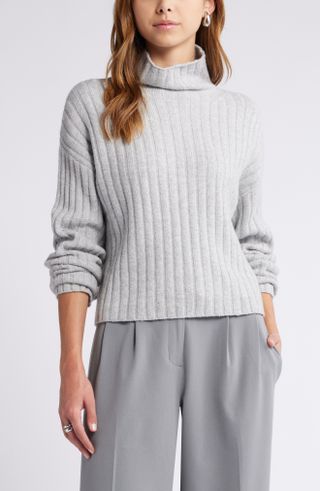 Open Edit, Women's Cotton Blend Rib Funnel Neck Sweater