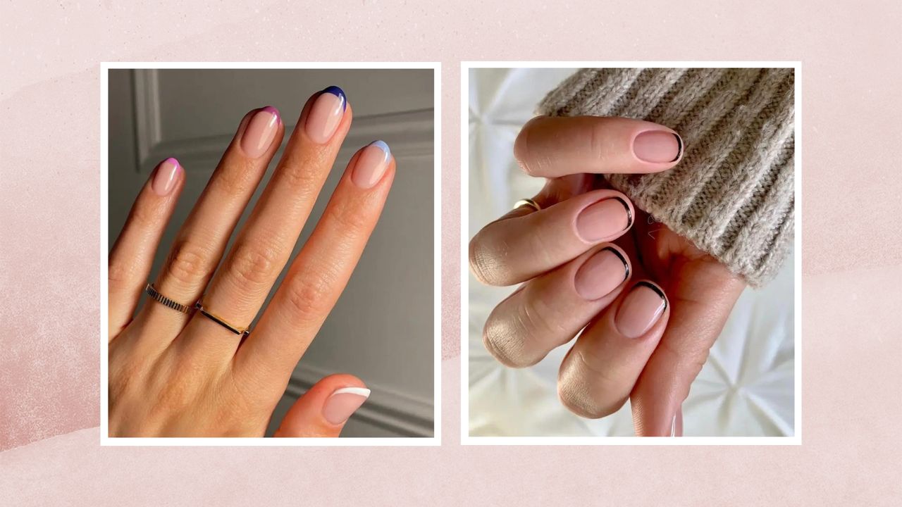 A close up of a hand with multi-coloured French tip nails, alongside another picture of a hand with black French tip nails by nail artists @gel.bymegan/ @matejanova/ Mateja Novakovic/ in a pink watercolour, two-picture template