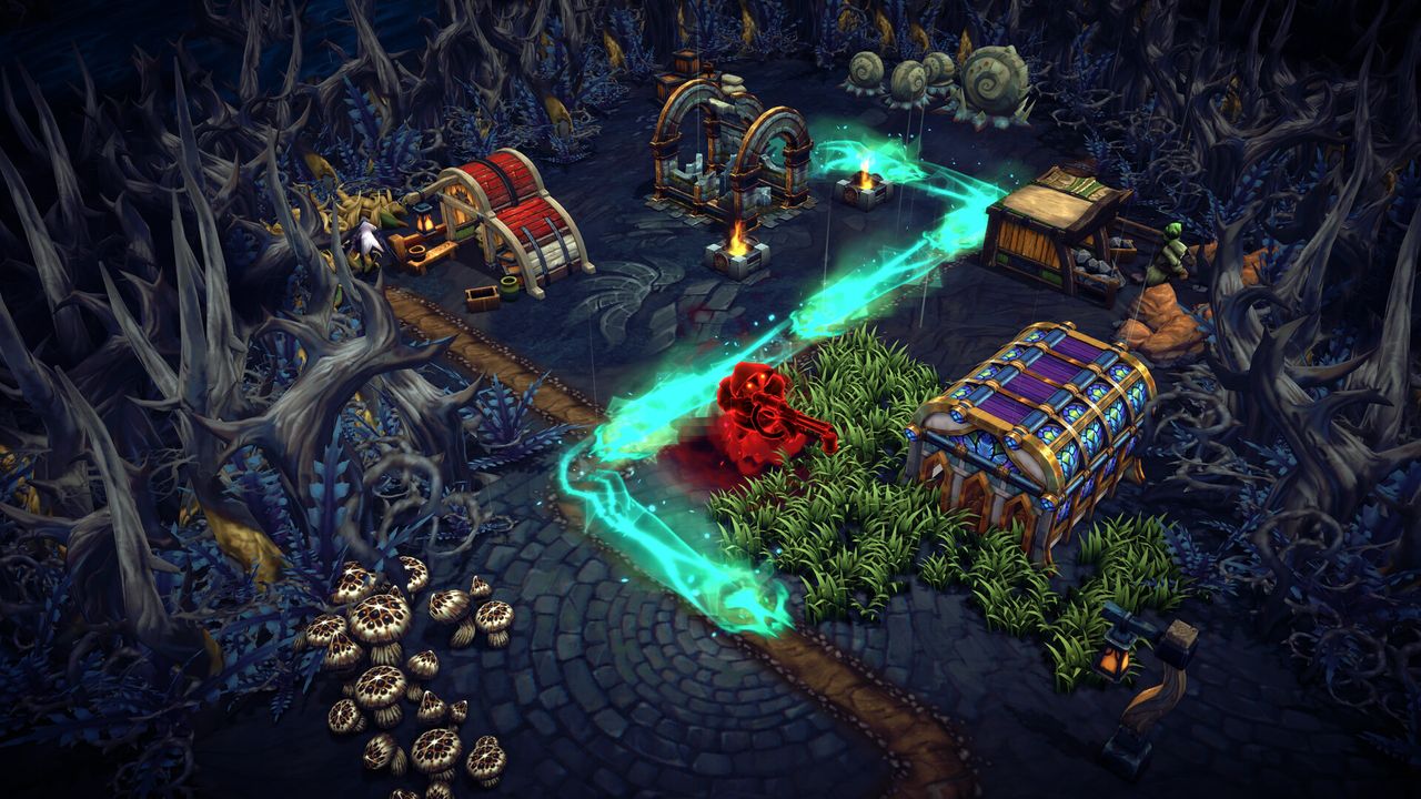 A fantasy city in a rainy world in 3D style from videogame Against the Storm