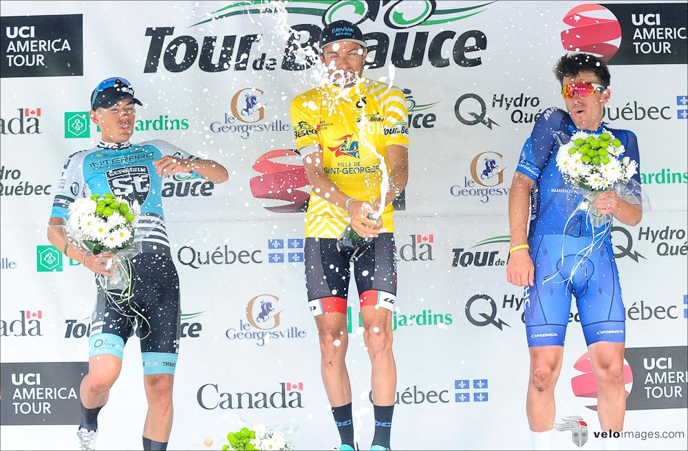 Daniel Whitehouse (Interpro Stradalli Cycling), Pier-Andr&eacute; C&ocirc;t&eacute; (Silber Pro Cycling) and Serghei Tvetcov (UnitedHealthcare) celebrate on the final GC podium at Tour de Beauce