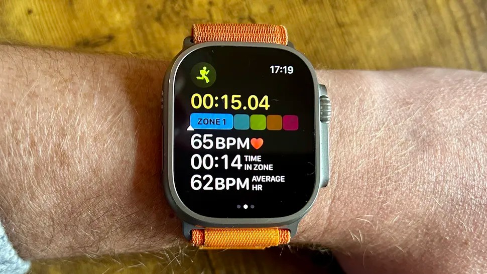 Apple Watch Ultra displaying metrics including heart rate zones