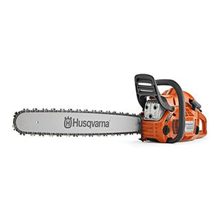 Husqvarna orange chainsaw on white background.