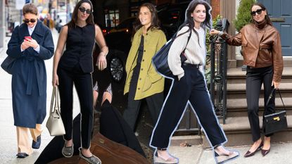 a collage of Katie Holmes street style images and an editor both wearing Lafayette 148 pieces