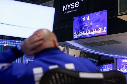 A television broadcasts Intel (INTC) news at the New York Stock Exchange (NYSE) on Friday, October 30, 2026.