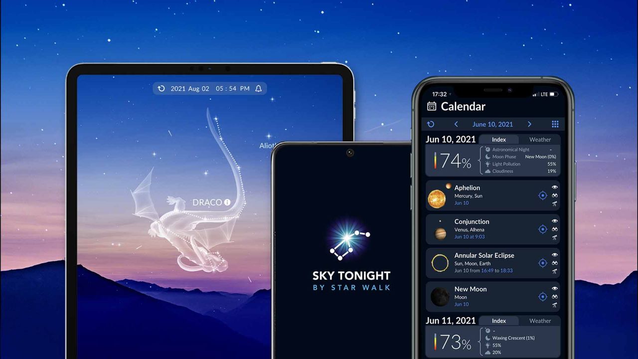 Sky Tonight app shown on three different devices set against the night sky.