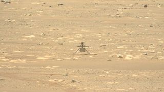 An image of the Ingenuity Mars helicopter captured on April 16, 2021, by the Mars Perseverance rover's Left Mastcam-Z camera.