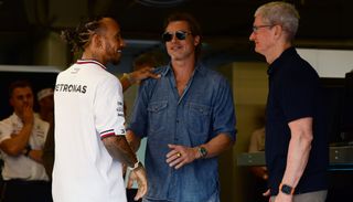 Brad Pitt with Lewis Hamilton and Tim Cook