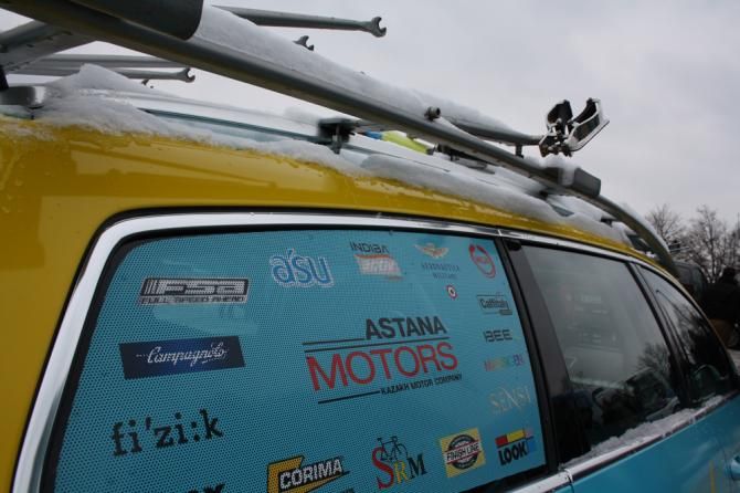 Snow settles on the Astana team car