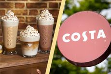 Costa Coffee sign and split screen of new autumn 2023 menu items