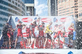 Tejay van Garderen leads victory celebrations, Stage 7 of the 2014 USA Pro Challenge, Boulder to Golden to Denver, Colorado