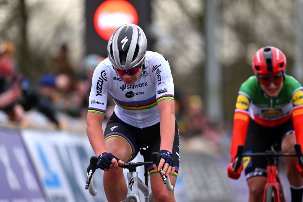 NINOVE BELGIUM FEBRUARY 24 Lotte Kopecky of Belgium and Team SD WorxProtime crosses the finish line during the 16th Omloop Het Nieuwsblad 2024 Womens Elite a 1271km one day race from Ghent to Ninove UCIWWT on February 24 2024 in Ninove Belgium Photo by Luc ClaessenGetty Images