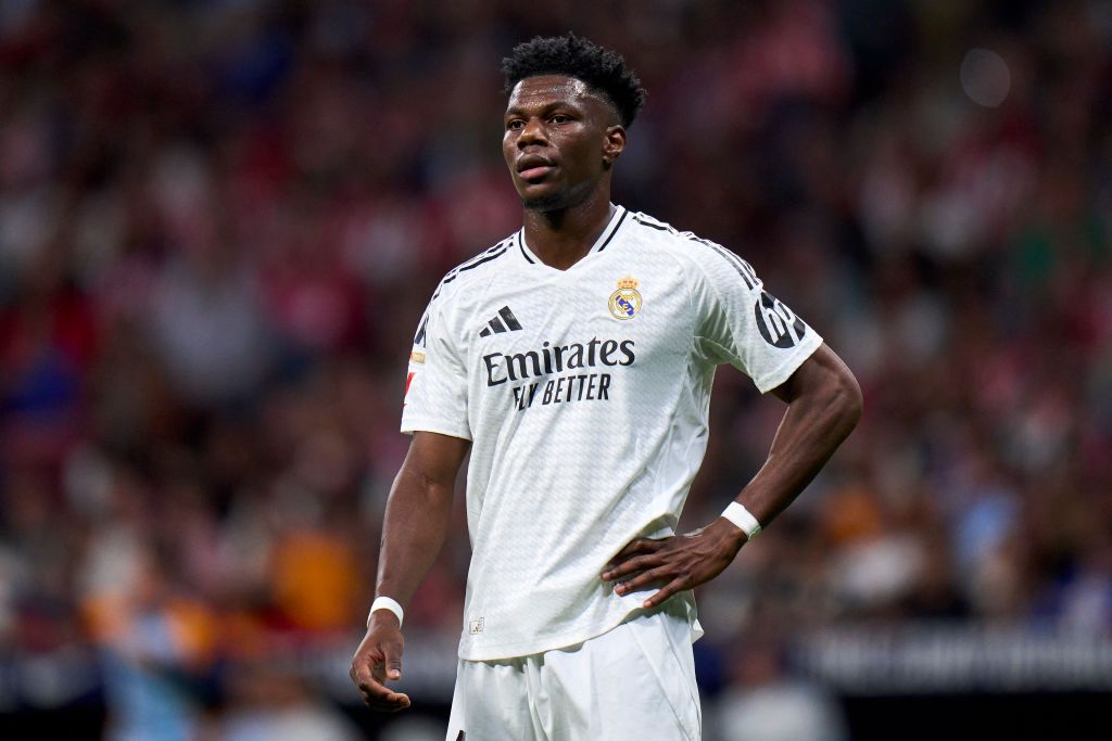 Liverpool target Aurelien Tchouameni of Real Madrid reacts during the La Liga match against Atletico Madrid 