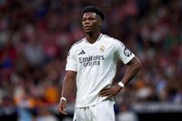 Aurélien Tchouameni of Real Madrid reacts during the La Liga match against Atletico Madrid 