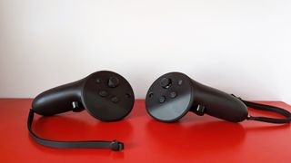 Meta Quest Pro review: VR controllers on red table