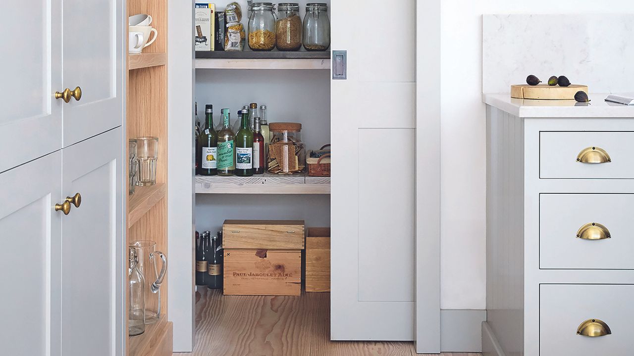 Grey kitchen with walk-in pantry