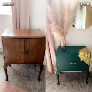 Before and after of brown cabinet upcycled with green paint and gold handles