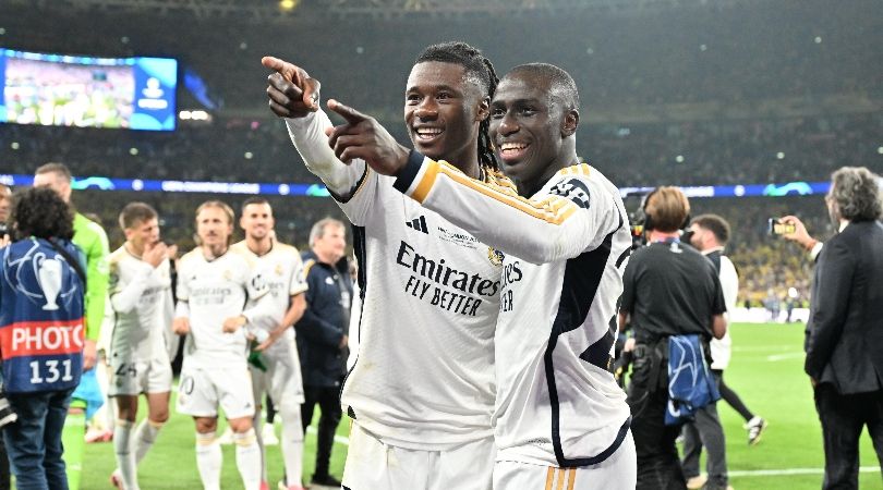 Eduardo Camavinga and Ferland Mendy celebrate Real Madrid&#039;s Champions League final win over Borussia Dortmund in June 2024.