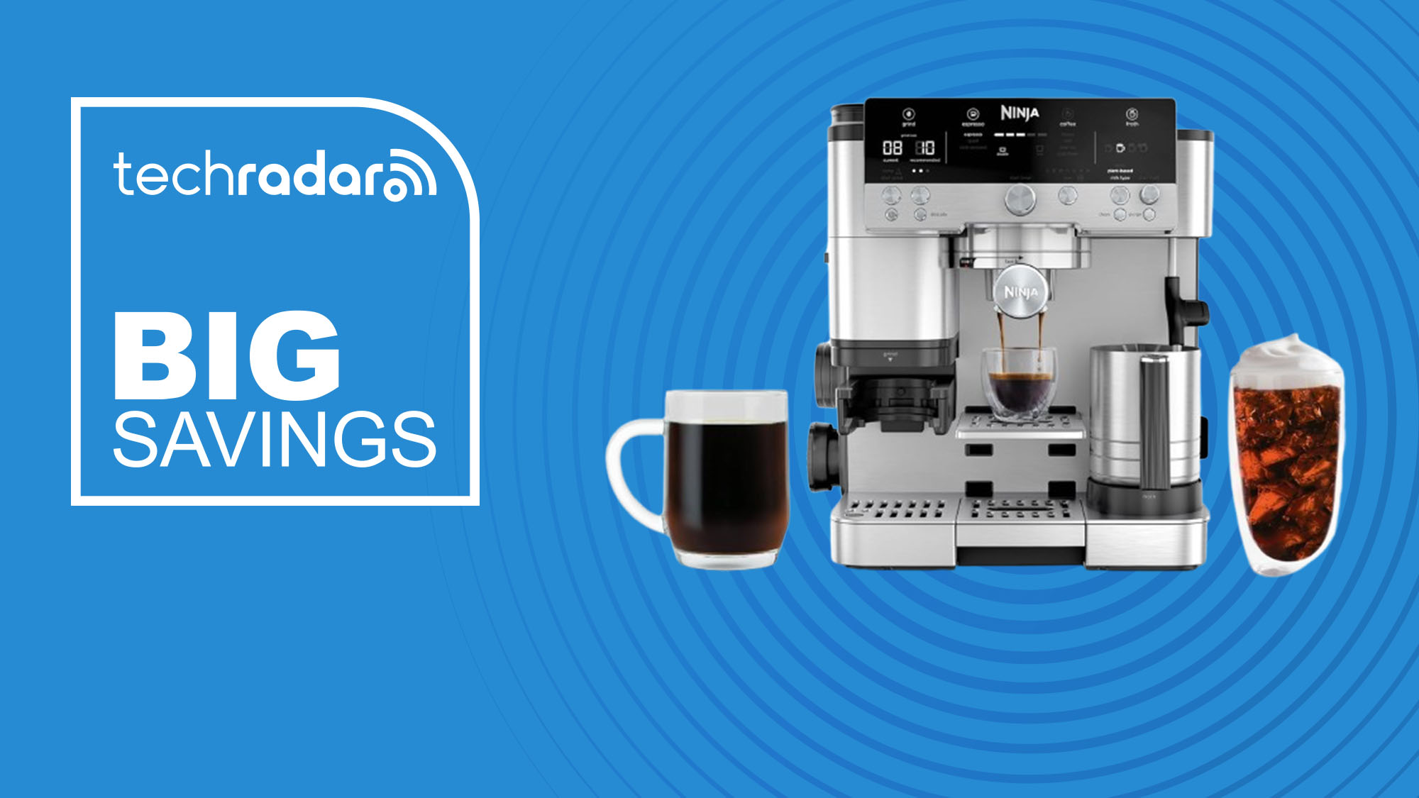 The Ninja Luxe Café on a blue background with text saying Big Savings.