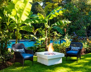 large garden with swimming pool, fire pit and tropical plants