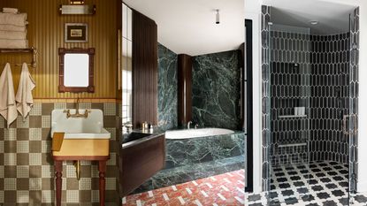 Trio of art deco bathrooms with mustard tile, black marble and geometric walk in shower space