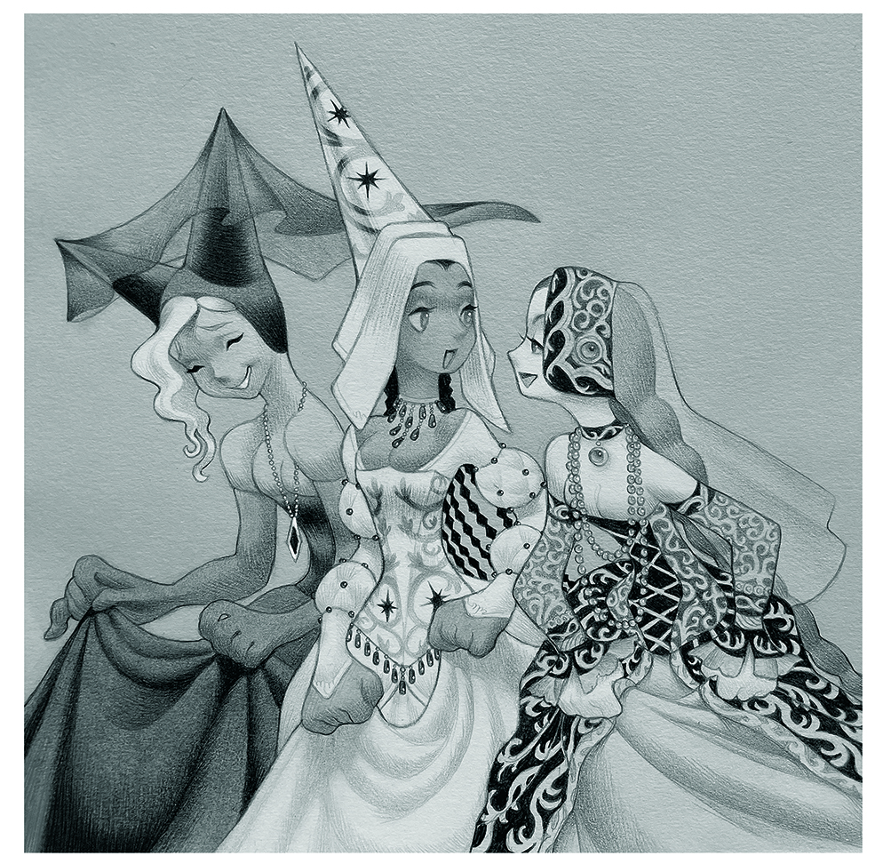 Medieval-inspired art drawn using mechanical pencils and gel pens