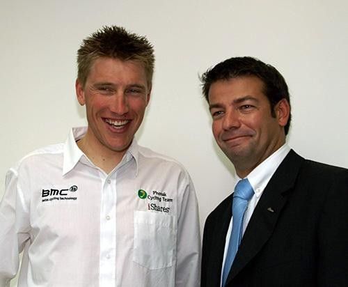John Lelangue (right) with new team member Axel Merckx.