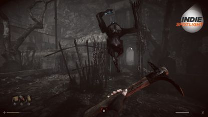 Total Chaos screenshot of a creature springing up in the air towards the protagonist, who wields a wrench in a dark, wooded area. The Indie Spotlight logo can be seen in the top right-hand corner of the image