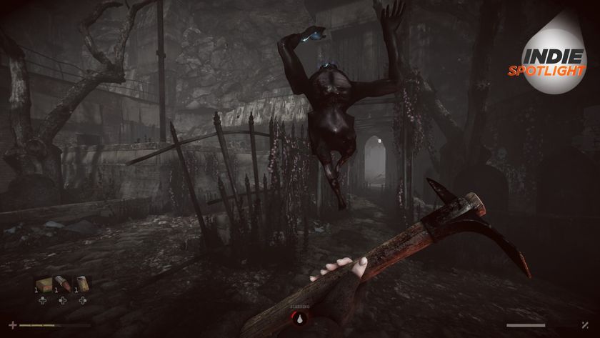 Total Chaos screenshot of a creature springing up in the air towards the protagonist, who wields a wrench in a dark, wooded area. The Indie Spotlight logo can be seen in the top right-hand corner of the image